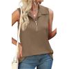 imageXIEERDUO Womens Summer Tops V Neck Collared Shirts Dressy Casual Ribbed Tank Top with Zipper Loose FitCamel