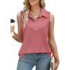 imageXIEERDUO Womens Summer Tops V Neck Collared Shirts Dressy Casual Ribbed Tank Top with Zipper Loose FitCoral