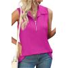 imageXIEERDUO Womens Summer Tops V Neck Collared Shirts Dressy Casual Ribbed Tank Top with Zipper Loose FitHot Pink