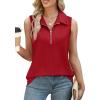 imageXIEERDUO Womens Summer Tops V Neck Collared Shirts Dressy Casual Ribbed Tank Top with Zipper Loose FitRed