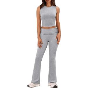 imageXIEERDUO Lounge Sets For Women 2 Piece Casual Y2K Outfits Sleeveless Cropped Tank Top Fold Over Flare Pants Set TracksuitsLight Grey