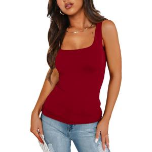 imageXIEERDUO Womens Square Neck Fitted Tank Tops Double Layer Seamless Slim Fit Shirts 2025 Basic Spring SummerC Double Layer Tank Tops Red