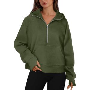 imageXIEEREDUO Womens Sweatshirts Half Zip Cropped Pullover Casual Quarter Zipper Hoodies Fall Outfits ClothesArmy Green