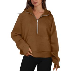 imageXIEEREDUO Womens Sweatshirts Half Zip Cropped Pullover Casual Quarter Zipper Hoodies Fall Outfits ClothesBrown