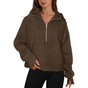 imageXIEEREDUO Womens Sweatshirts Half Zip Cropped Pullover Casual Quarter Zipper Hoodies Fall Outfits ClothesDark Browm