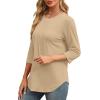 imageXIEERDUO 34 Length Sleeve Womens Tops Round Neck Casual Tunic Tops Basic Pleated Shirts Loose Fit 2025Newapricot