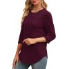 imageXIEERDUO 34 Length Sleeve Womens Tops Round Neck Casual Tunic Tops Basic Pleated Shirts Loose Fit 2025Newburgundy