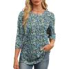 imageXIEERDUO 34 Length Sleeve Womens Tops Round Neck Casual Tunic Tops Basic Pleated Shirts Loose Fit 2025Patternedfloral Blue