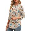 imageXIEERDUO 34 Length Sleeve Womens Tops Round Neck Casual Tunic Tops Basic Pleated Shirts Loose Fit 2025Patternedkhaki Flowers
