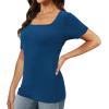 imageXIEERDUO Womens Square Neck ShortLong SleeveTops 2024 Spring Summer Slim Fit Tees ShirtsA Short Sleeve Blue
