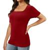 imageXIEERDUO Womens Square Neck ShortLong SleeveTops 2024 Spring Summer Slim Fit Tees ShirtsA Short Sleeve Red