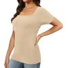 imageXIEERDUO Womens Square Neck ShortLong SleeveTops 2024 Spring Summer Slim Fit Tees ShirtsA Short Sleeve Ribbed Aapricot