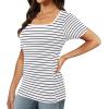 imageXIEERDUO Womens Square Neck ShortLong SleeveTops 2024 Spring Summer Slim Fit Tees ShirtsA Short Sleeve Striped White