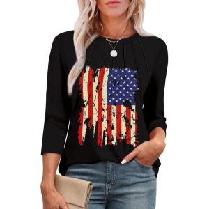imageXIEERDUO 34 Length Sleeve Womens Tops Round Neck Casual Tunic Tops Basic Pleated Shirts Loose Fit 2025Flagblack
