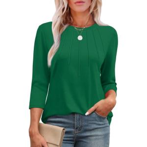imageXIEERDUO 34 Length Sleeve Womens Tops Round Neck Casual Tunic Tops Basic Pleated Shirts Loose Fit 2025Green