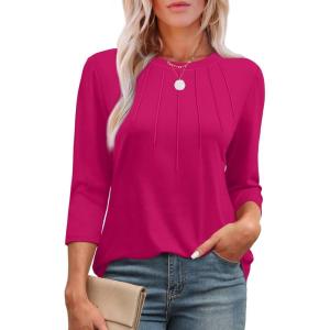 imageXIEERDUO 34 Length Sleeve Womens Tops Round Neck Casual Tunic Tops Basic Pleated Shirts Loose Fit 2025Hot Pink