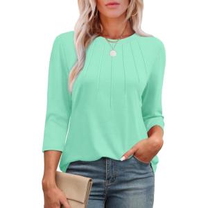 imageXIEERDUO 34 Length Sleeve Womens Tops Round Neck Casual Tunic Tops Basic Pleated Shirts Loose Fit 2025Lake Green