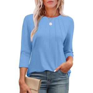 imageXIEERDUO 34 Length Sleeve Womens Tops Round Neck Casual Tunic Tops Basic Pleated Shirts Loose Fit 2025Light Blue