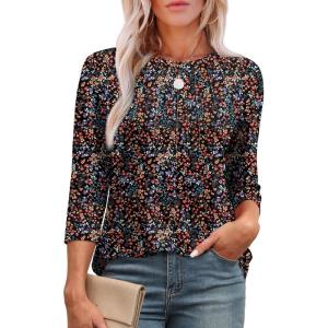 imageXIEERDUO 34 Length Sleeve Womens Tops Round Neck Casual Tunic Tops Basic Pleated Shirts Loose Fit 2025Patternedblack Floral