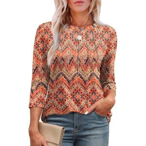 imageXIEERDUO 34 Length Sleeve Womens Tops Round Neck Casual Tunic Tops Basic Pleated Shirts Loose Fit 2025Patternedboho Floral
