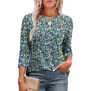 imageXIEERDUO 34 Length Sleeve Womens Tops Round Neck Casual Tunic Tops Basic Pleated Shirts Loose Fit 2025Patternedfloral Blue