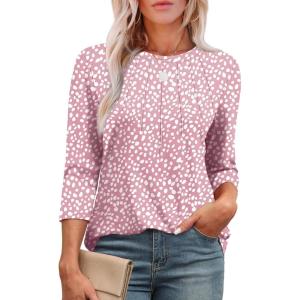 imageXIEERDUO 34 Length Sleeve Womens Tops Round Neck Casual Tunic Tops Basic Pleated Shirts Loose Fit 2025Patternedpink Dot