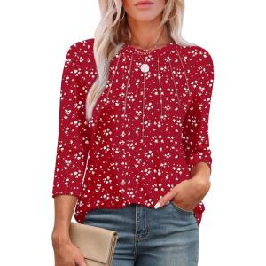 imageXIEERDUO 34 Length Sleeve Womens Tops Round Neck Casual Tunic Tops Basic Pleated Shirts Loose Fit 2025Patternedred Print