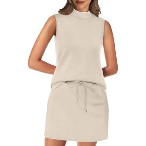 imageXIEERDUO Two Piece Skirt Sets for Women Summer Beach Vacation Outfits Mock Neck Tops Tennis Skirt Lounge Matching SetsBeige
