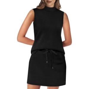 imageXIEERDUO Two Piece Skirt Sets for Women Summer Beach Vacation Outfits Mock Neck Tops Tennis Skirt Lounge Matching SetsBlack