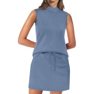 imageXIEERDUO Two Piece Skirt Sets for Women Summer Beach Vacation Outfits Mock Neck Tops Tennis Skirt Lounge Matching SetsBlue Grey