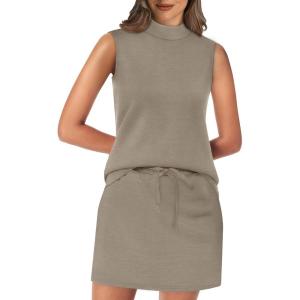 imageXIEERDUO Two Piece Skirt Sets for Women Summer Beach Vacation Outfits Mock Neck Tops Tennis Skirt Lounge Matching SetsCoffee