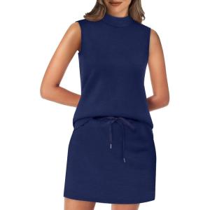 imageXIEERDUO Two Piece Skirt Sets for Women Summer Beach Vacation Outfits Mock Neck Tops Tennis Skirt Lounge Matching SetsDark Blue