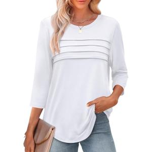 imageXIEERDUO Womens 34 Length Sleeve Tops Dressy Casual Blouses Crewneck TShirts Loose Curved Hem Tunic S3XLA White