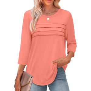 imageXIEERDUO Womens 34 Length Sleeve Tops Dressy Casual Blouses Crewneck TShirts Loose Curved Hem Tunic S3XLCoral