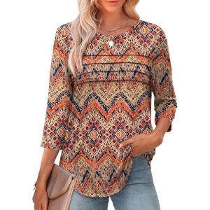 imageXIEERDUO Womens 34 Length Sleeve Tops Dressy Casual Blouses Crewneck TShirts Loose Curved Hem Tunic S3XLZ Boho Floral