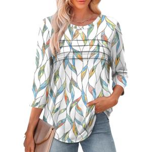 imageXIEERDUO Womens 34 Length Sleeve Tops Dressy Casual Blouses Crewneck TShirts Loose Curved Hem Tunic S3XLZ Floral Leaf