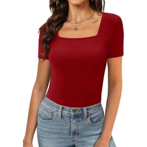 imageXIEERDUO Womens Square Neck ShortLong SleeveTops 2024 Spring Summer Slim Fit Tees ShirtsA Short Sleeve Red
