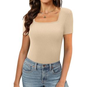 imageXIEERDUO Womens Square Neck ShortLong SleeveTops 2024 Spring Summer Slim Fit Tees ShirtsA Short Sleeve Ribbed Aapricot