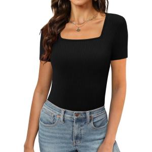 imageXIEERDUO Womens Square Neck ShortLong SleeveTops 2024 Spring Summer Slim Fit Tees ShirtsA Short Sleeve Ribbed Black