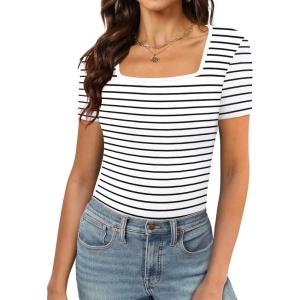 imageXIEERDUO Womens Square Neck ShortLong SleeveTops 2024 Spring Summer Slim Fit Tees ShirtsA Short Sleeve Striped White