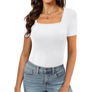 imageXIEERDUO Womens Square Neck ShortLong SleeveTops 2024 Spring Summer Slim Fit Tees ShirtsA Short Sleeve White