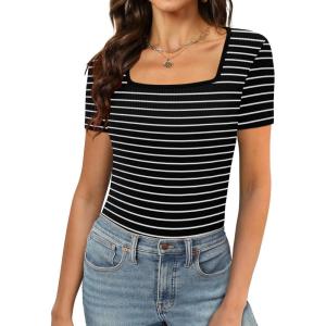 imageXIEERDUO Womens Square Neck ShortLong SleeveTops 2024 Spring Summer Slim Fit Tees ShirtsA Short Sleevestriped Black