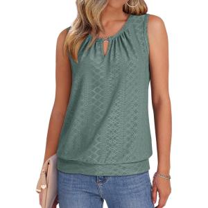 imageXIEERDUO Womens Tank Tops Keyhole V Neck Tank Tops Summer Tops for Women 2025 Eyelet Embroidered Loose FitGreen