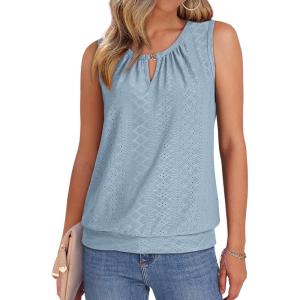 imageXIEERDUO Womens Tank Tops Keyhole V Neck Tank Tops Summer Tops for Women 2025 Eyelet Embroidered Loose FitLight Blue