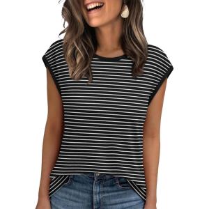 imageXIEERDUO Womens Tops Dressy Casual Summer Striped Shirts Cap Sleeve Tops Color Block Loose FitBlackwhite Black