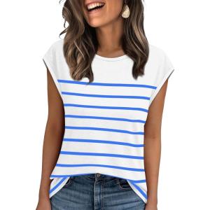 imageXIEERDUO Womens Tops Dressy Casual Summer Striped Shirts Cap Sleeve Tops Color Block Loose FitWhite Blue