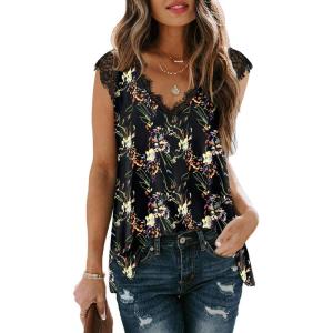 imageXIEERDUO Womens V Neck Lace Tank Tops Summer Casual Sleeveless Shirts Tops Side SplitAdblack Floral