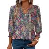 imageXIEERDUO Blouses for Women Dressy Casual 34 Length Sleeve Womens Tops V Neck T Shirts with Smocked CuffsIblue Red Pattern