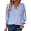 imageXIEERDUO Blouses for Women Dressy Casual 34 Length Sleeve Womens Tops V Neck T Shirts with Smocked CuffsKblue Floral
