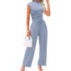 imageXIEERDUO Two Piece Lounge Sets for Women Mock Neck Cap Sleeve Tops Wide Leg Casual Pants Summer Beach Vacation Travel OutfitBlue